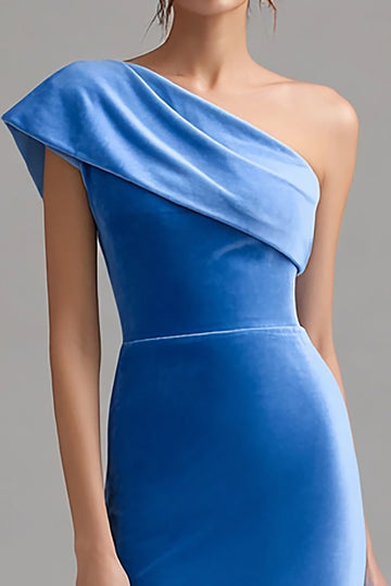Blue One Shoulder Bodycon Velvet Semi-Formal Dress With Slit